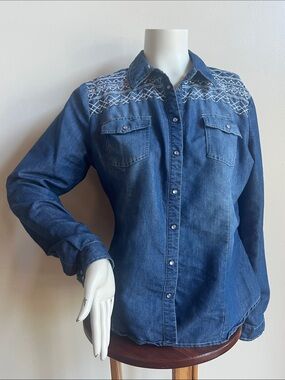 BONGO Blue Denim Button-Down Shirt with White Embroidered Yoke pearl snaps